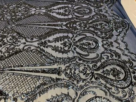 BY THE YARD/ Geometric Design Mesh Lace Fabric Sequins 4 Way Stretch On A White Mesh/Handmade Lace Embroider Prom/Gowns/Wedding Dress