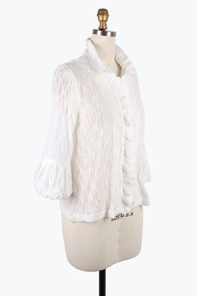 Damee Diamond Design Ruffle Placket Jacket in White - 2397-WHT