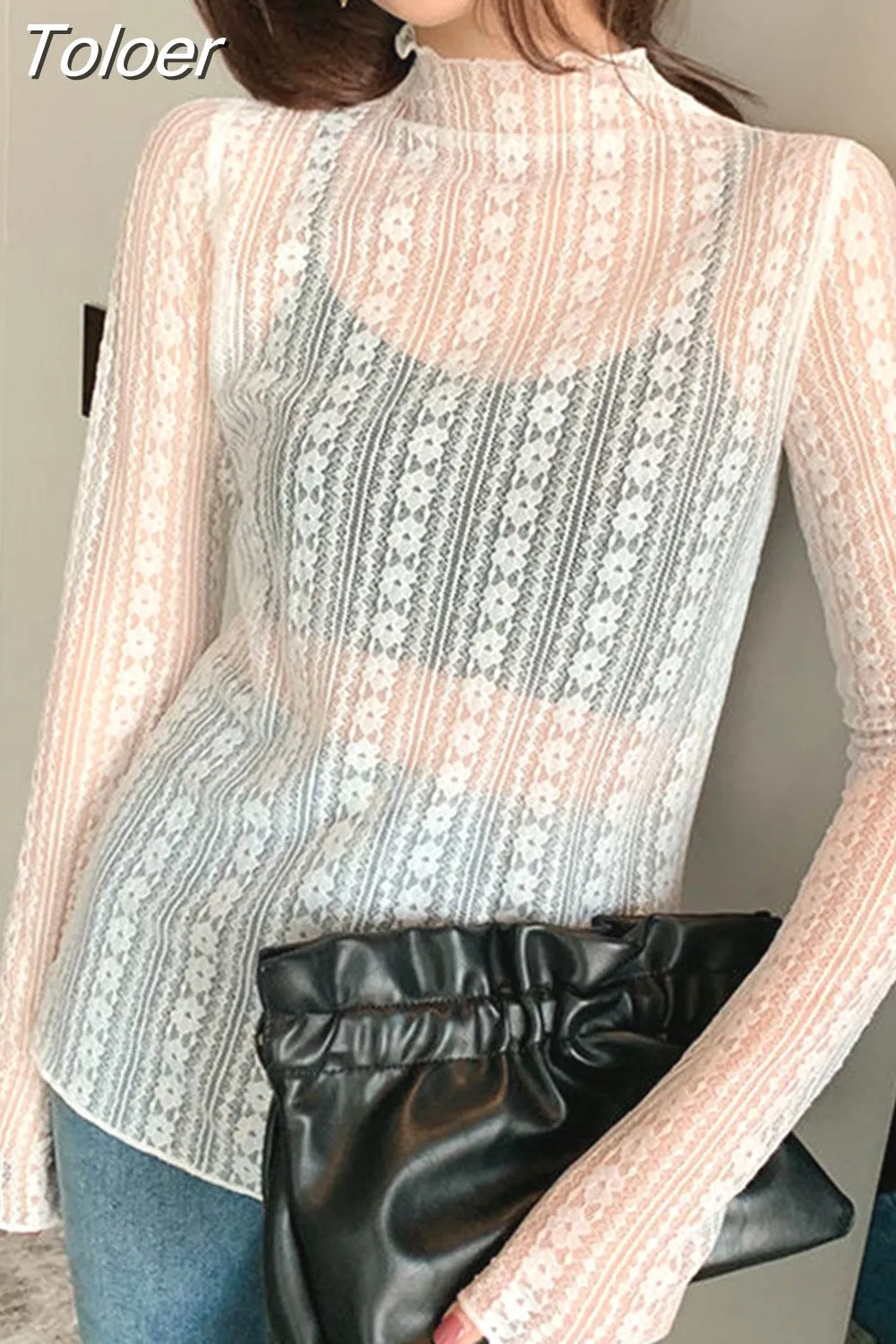 deanwangkt Philosophy Women High Collar Mesh Perspective Blouse Summer Thin See Through Slim Bottoming Lace Long Flare Sleeved Tops