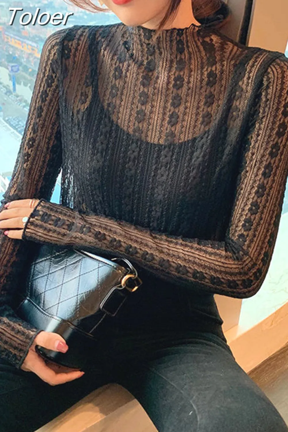 deanwangkt Philosophy Women High Collar Mesh Perspective Blouse Summer Thin See Through Slim Bottoming Lace Long Flare Sleeved Tops