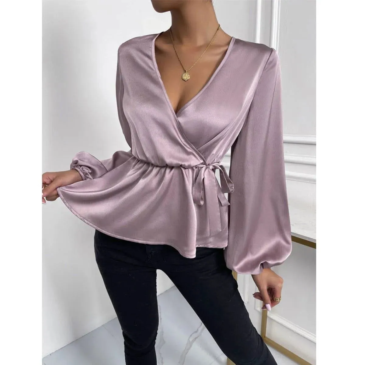 Deep V Lantern Sleeve Tie Front Ruffle Blouse Light Purple