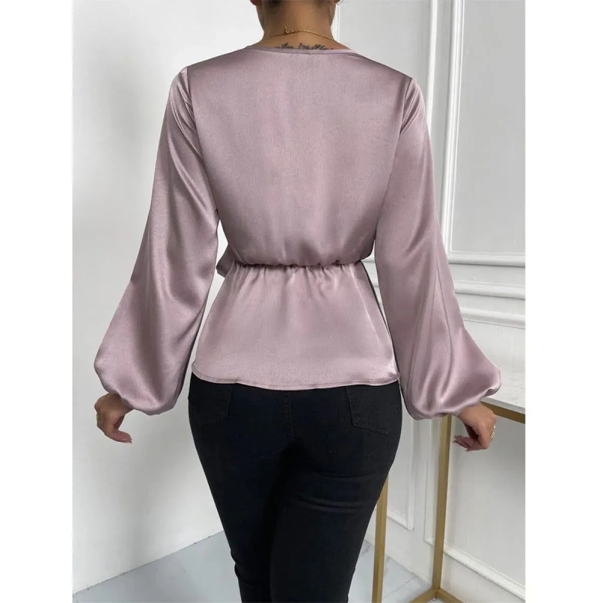 Deep V Lantern Sleeve Tie Front Ruffle Blouse Light Purple