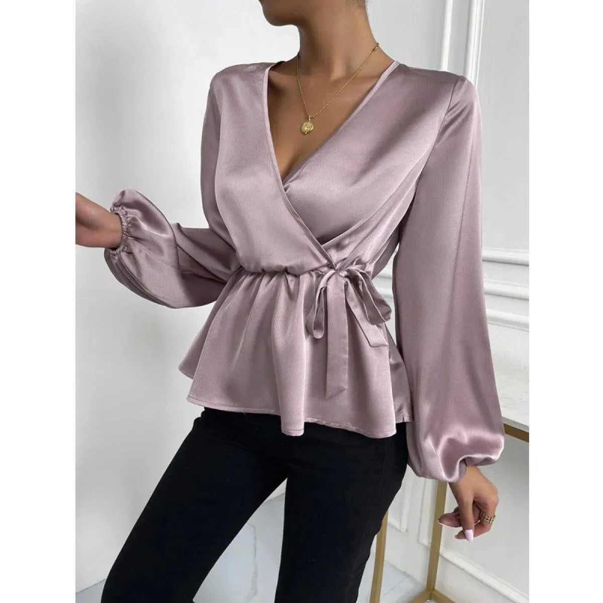 Deep V Lantern Sleeve Tie Front Ruffle Blouse Light Purple