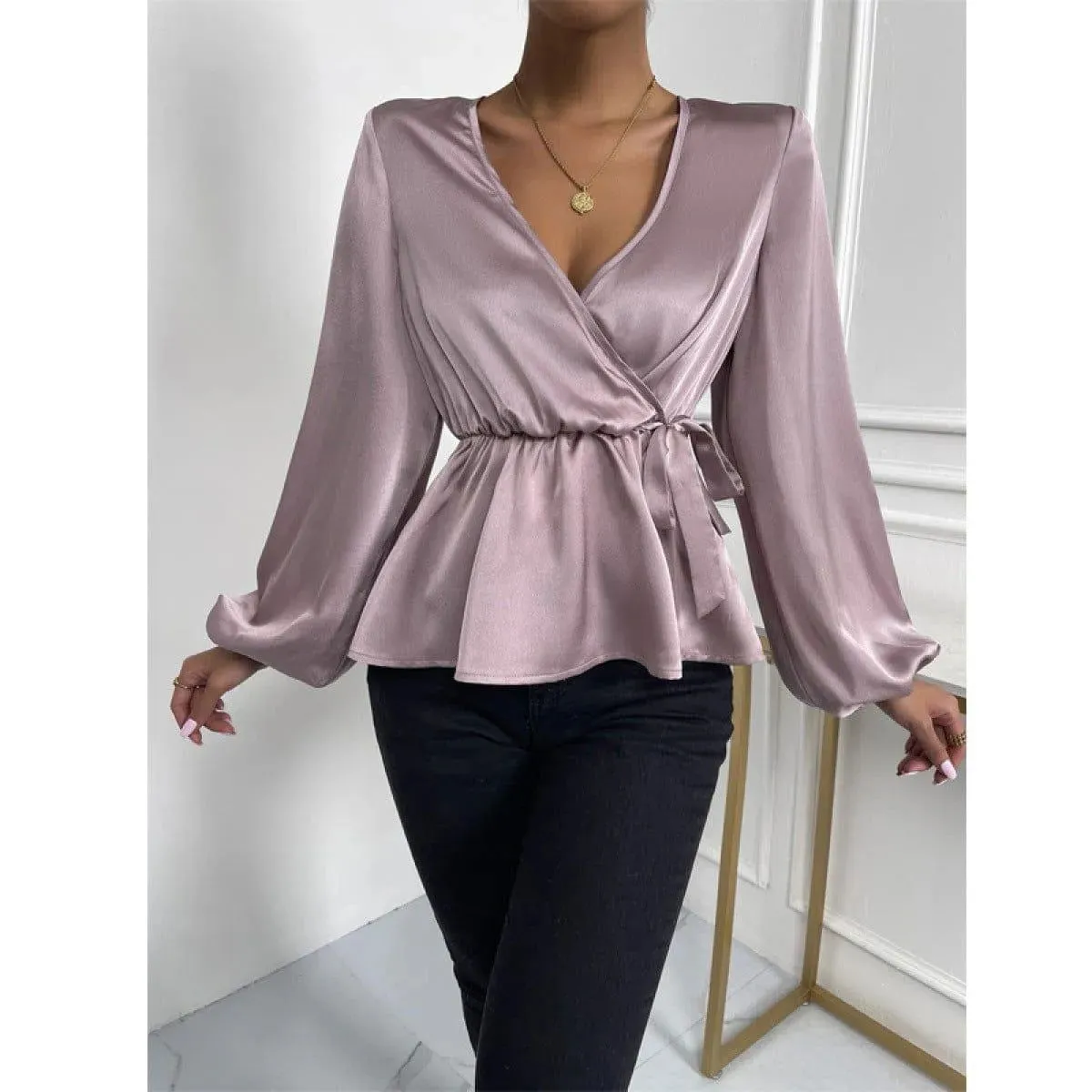 Deep V Lantern Sleeve Tie Front Ruffle Blouse Light Purple