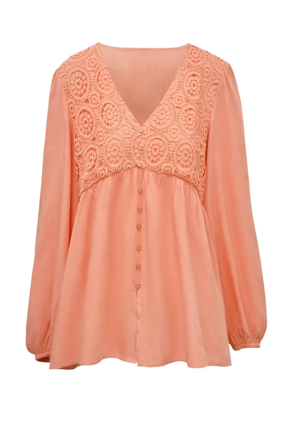 Elegant Lace Embroidered Lantern Sleeve Buttoned Blouse