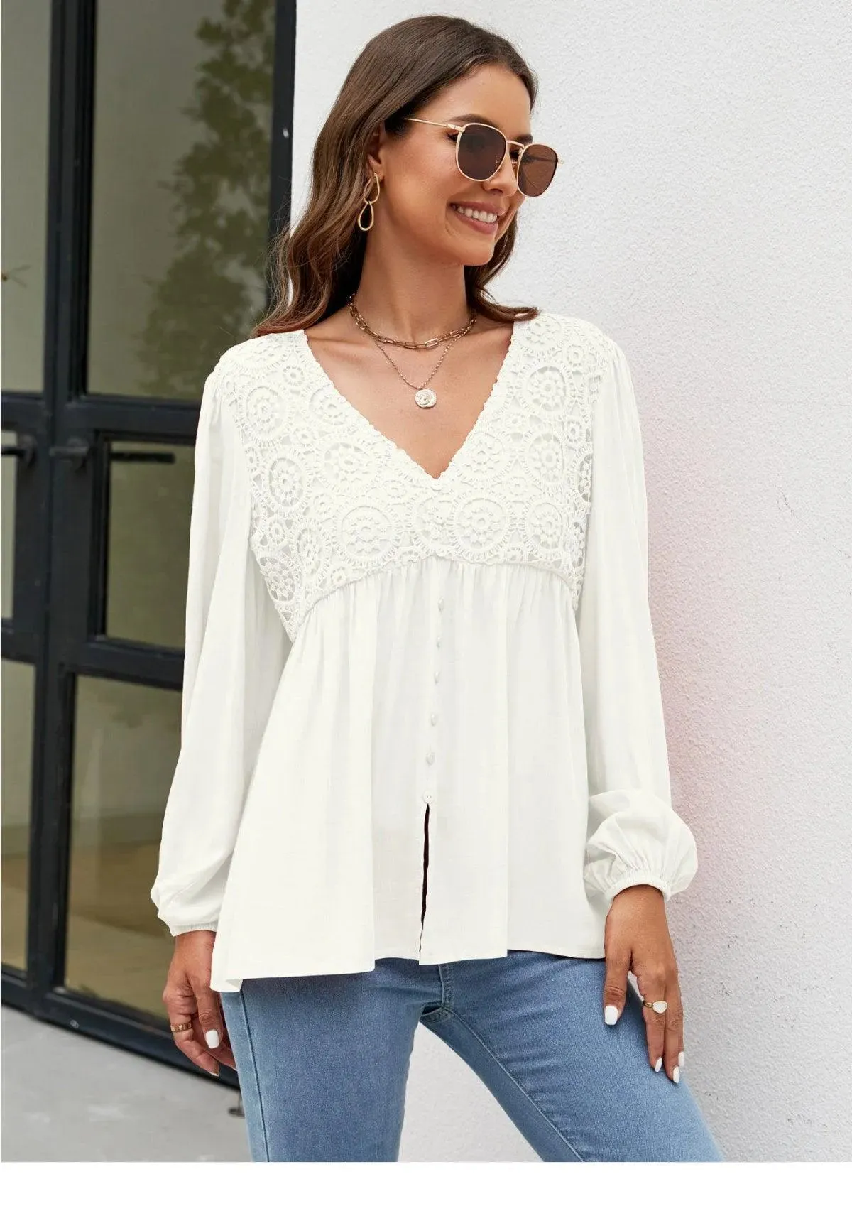 Elegant Lace Embroidered Lantern Sleeve Buttoned Blouse