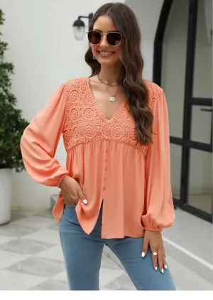 Elegant Lace Embroidered Lantern Sleeve Buttoned Blouse