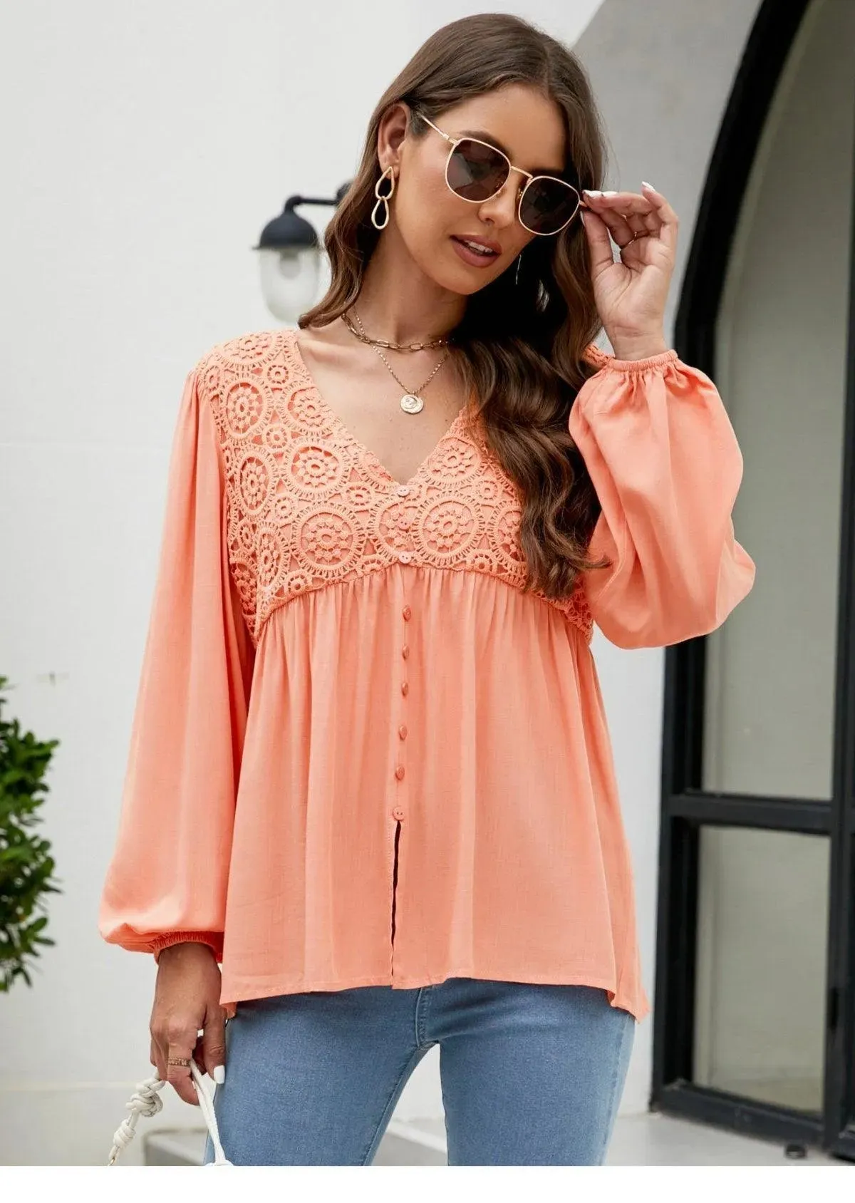 Elegant Lace Embroidered Lantern Sleeve Buttoned Blouse