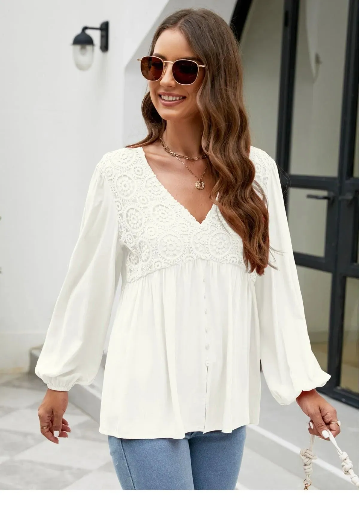 Elegant Lace Embroidered Lantern Sleeve Buttoned Blouse