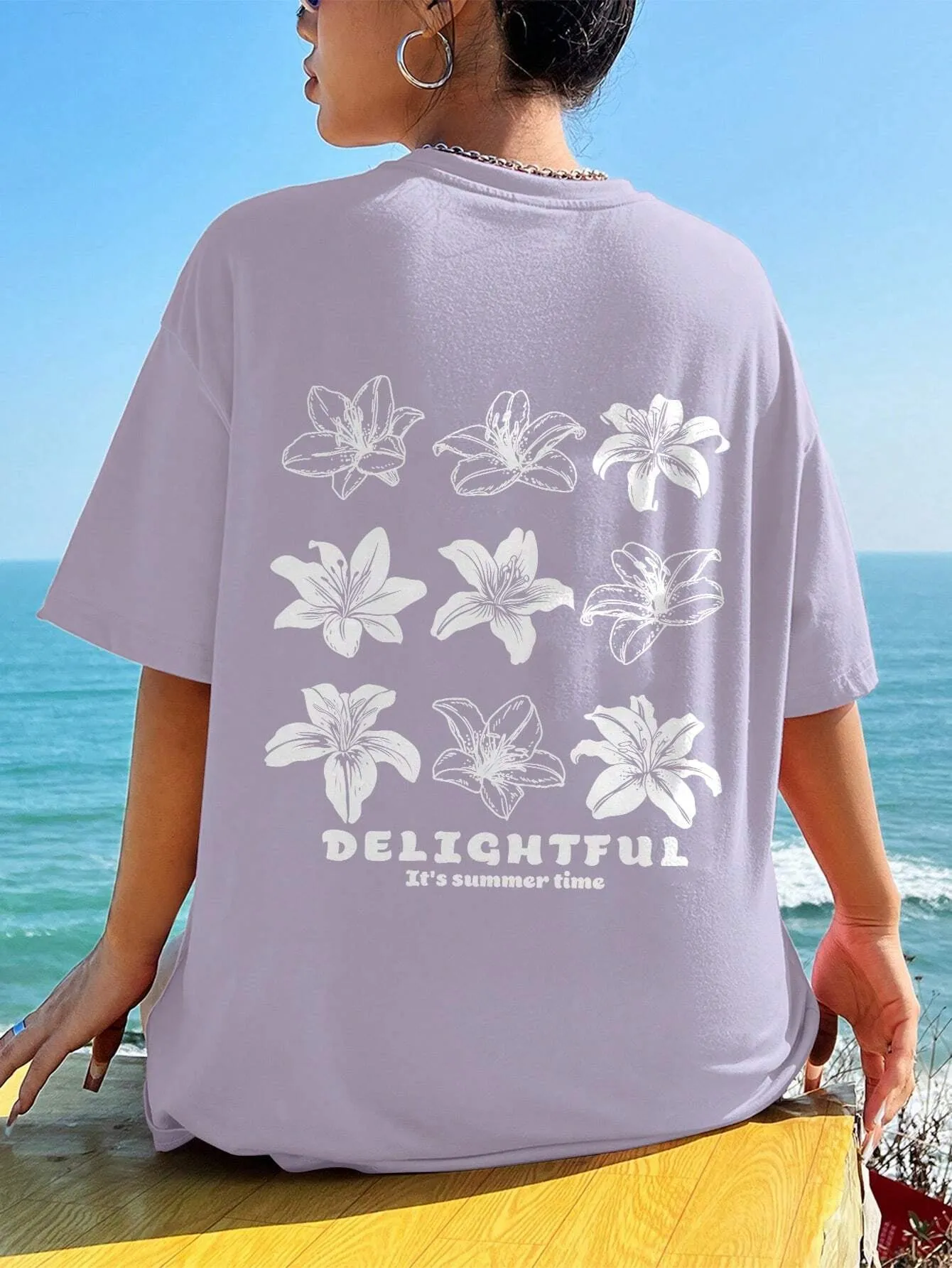 Ezwear Oversized Short Sleeve T-Shirt for Women, Casual & Minimalist Floral Print round Neck Tee