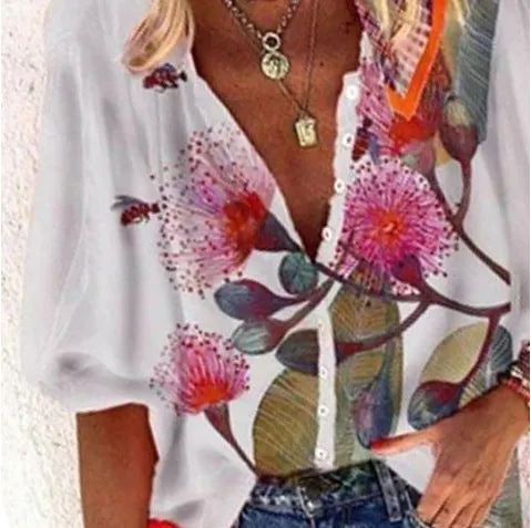 Fashion casual plant print V-neck top