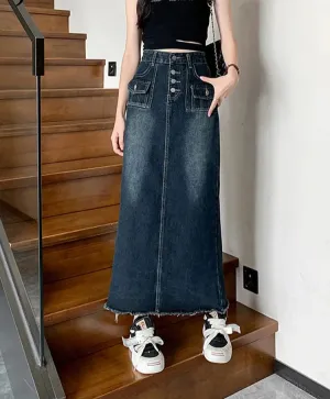 Fashion High Waist Denim Skirt Woman New Retro Maxi Skirts Female Summer Y2K Korean Harajuku Dark Blue Long Jean Skirts