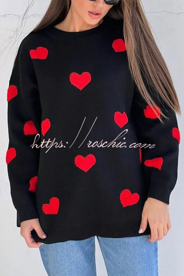 Fashionable Embroidered Love Loose Round Neck Long Sleeve Knitted Sweater