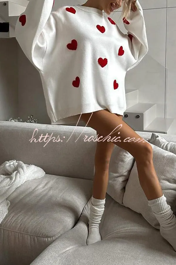 Fashionable Embroidered Love Loose Round Neck Long Sleeve Knitted Sweater