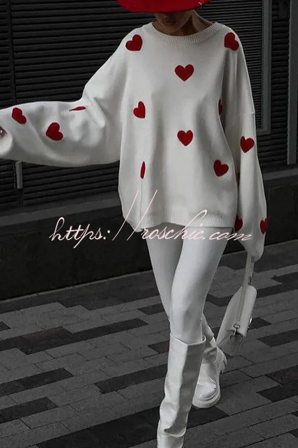 Fashionable Embroidered Love Loose Round Neck Long Sleeve Knitted Sweater