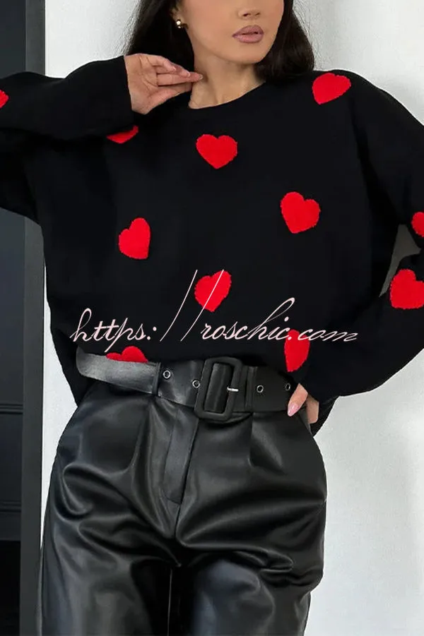 Fashionable Embroidered Love Loose Round Neck Long Sleeve Knitted Sweater