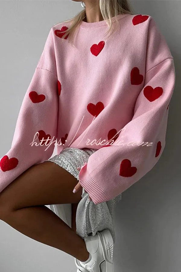 Fashionable Embroidered Love Loose Round Neck Long Sleeve Knitted Sweater