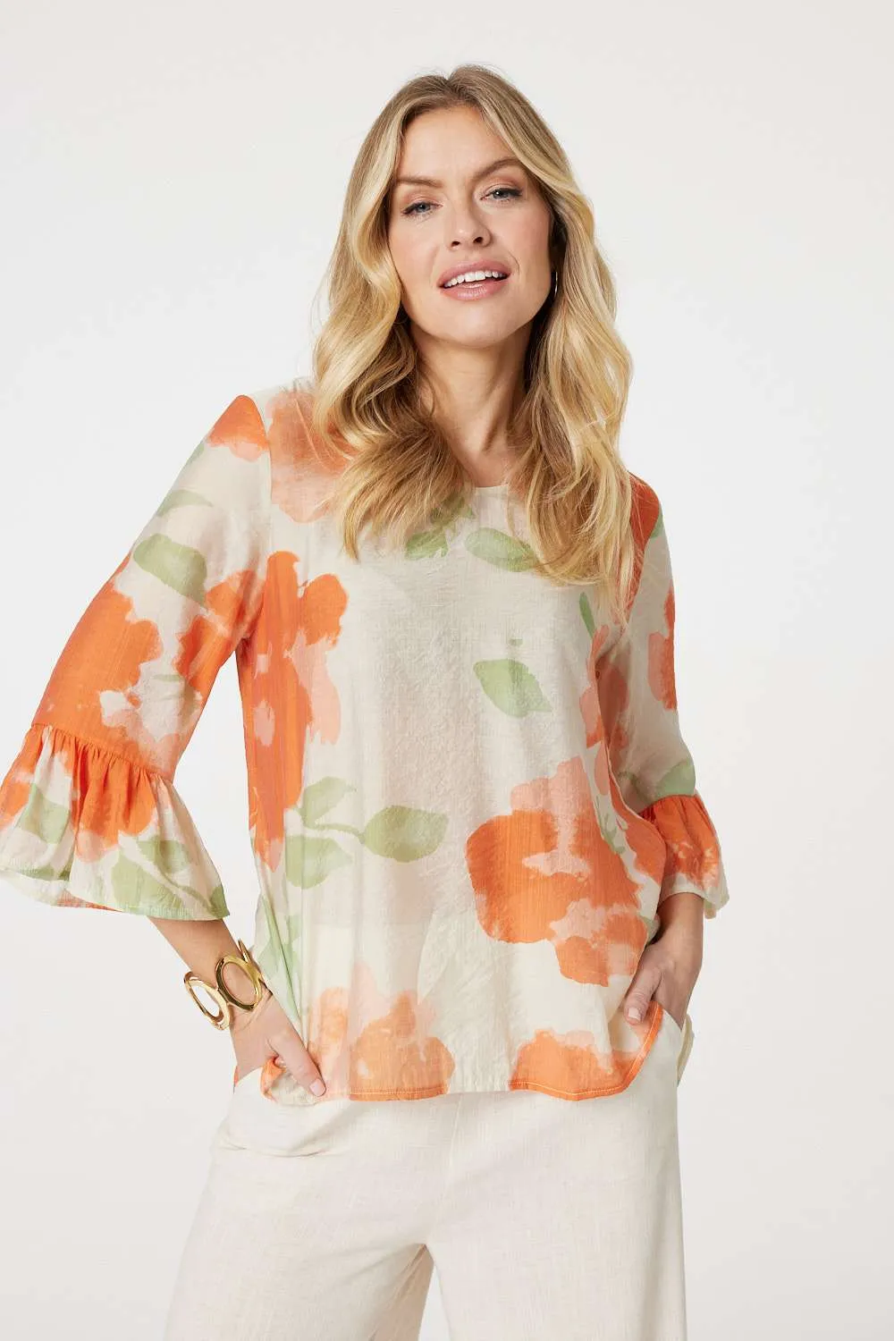 Floral Flute Sleeve High Low Blouse