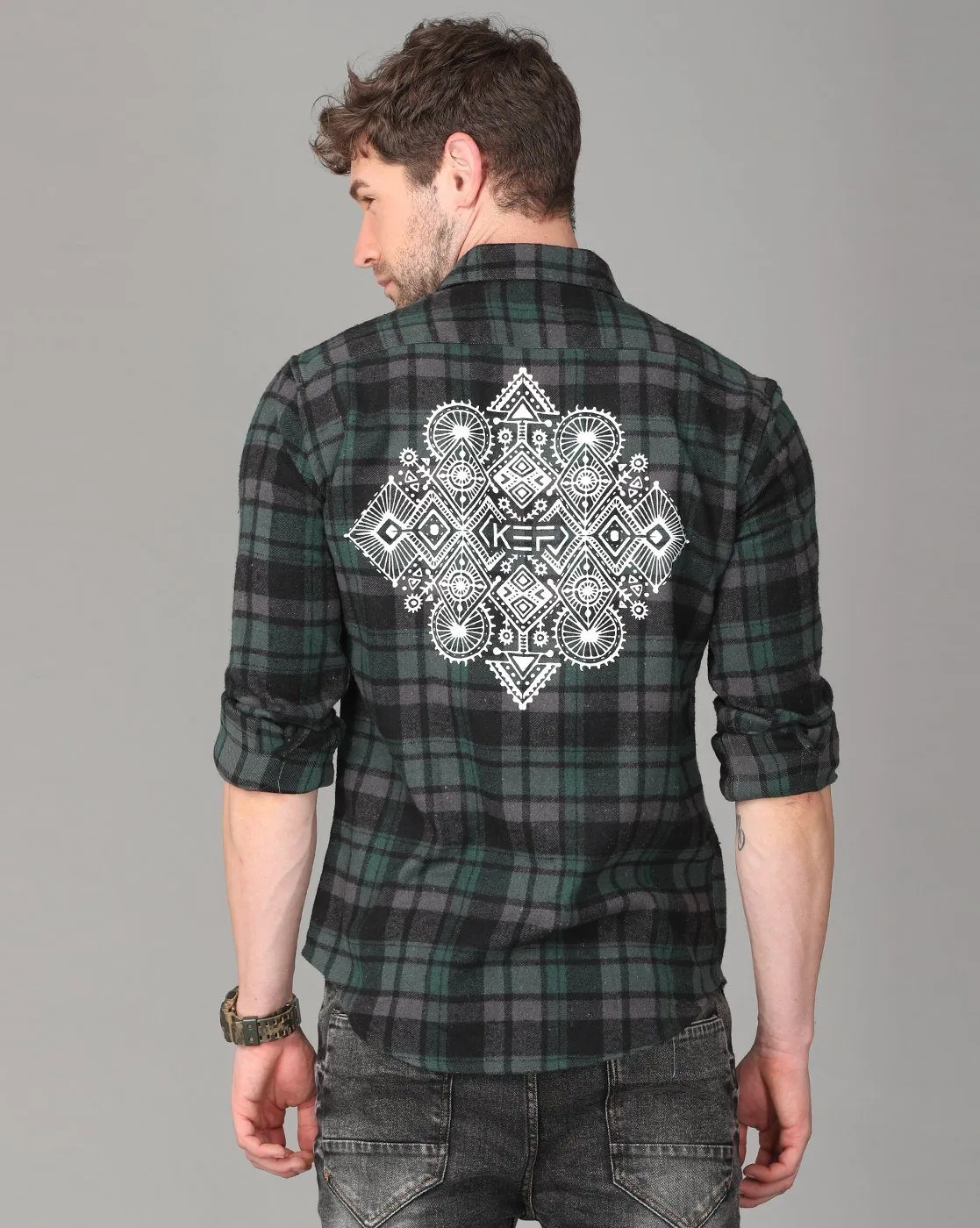 Grey, Black and Green Combo Checked Shirt