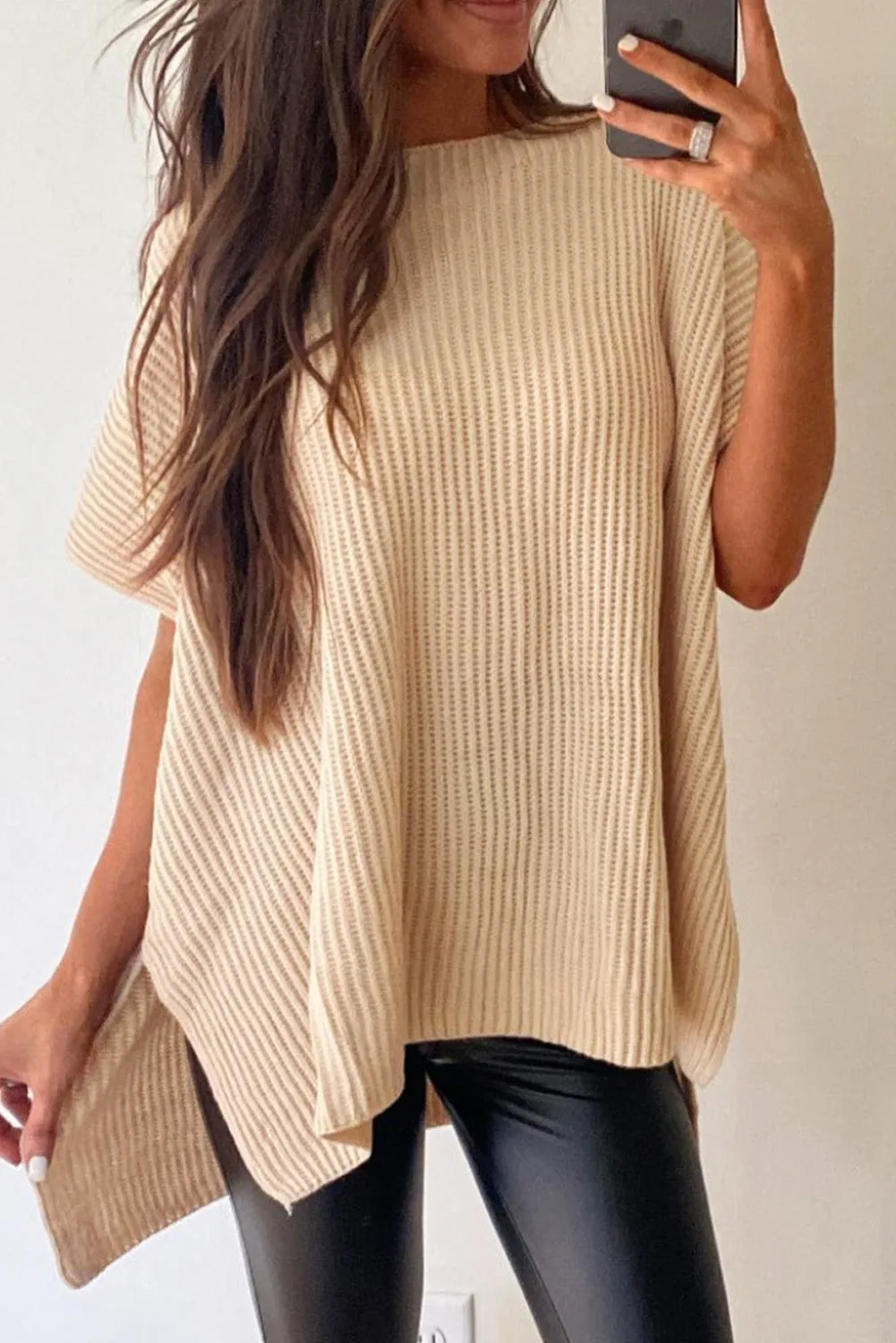 Haze Blue Side Slit Short Sleeve Oversized Sweater