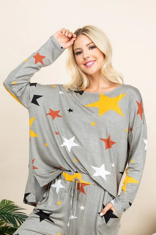 High-Low Star Print Long Sleeve Lounge Top