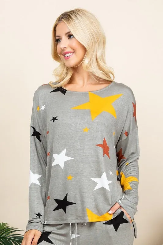 High-Low Star Print Long Sleeve Lounge Top