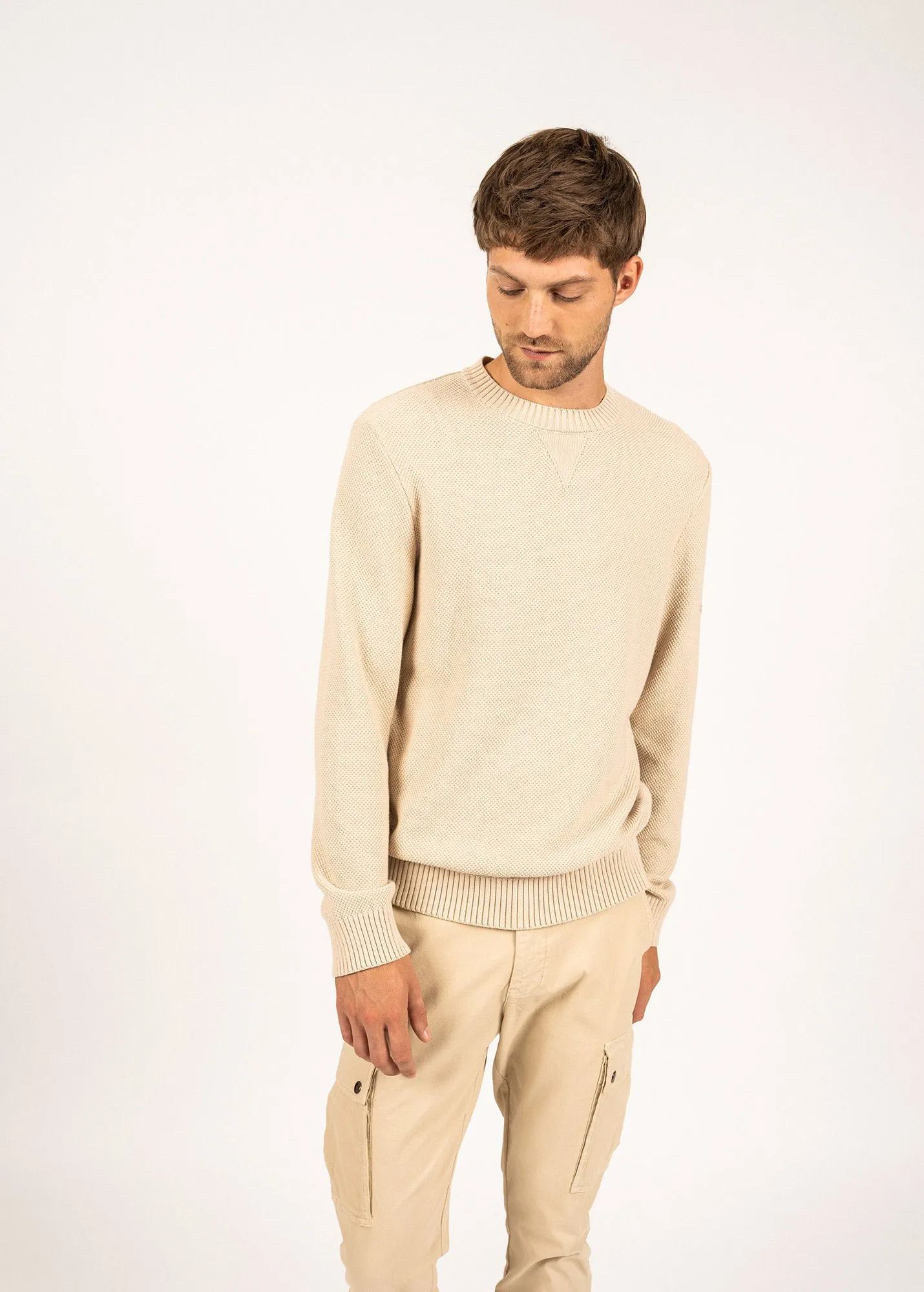 JOBOURG - Cotton Sweater in Moss Stitch for Men (OATMEAL)