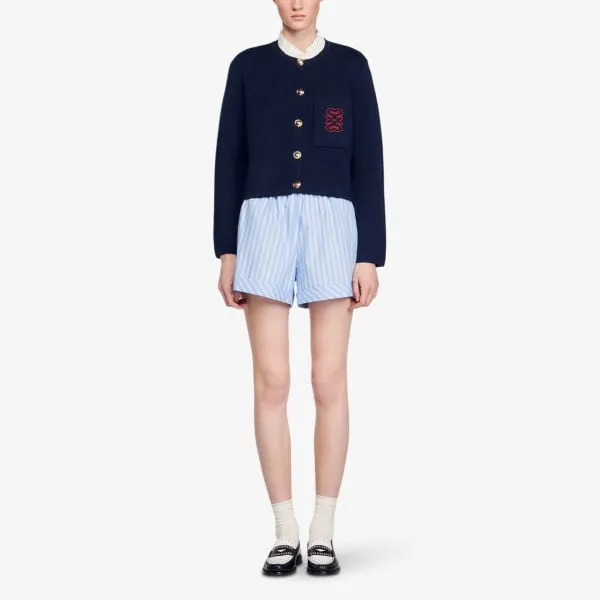 Knit cardigan with frill collar and embroidered Sandro logo, bleus