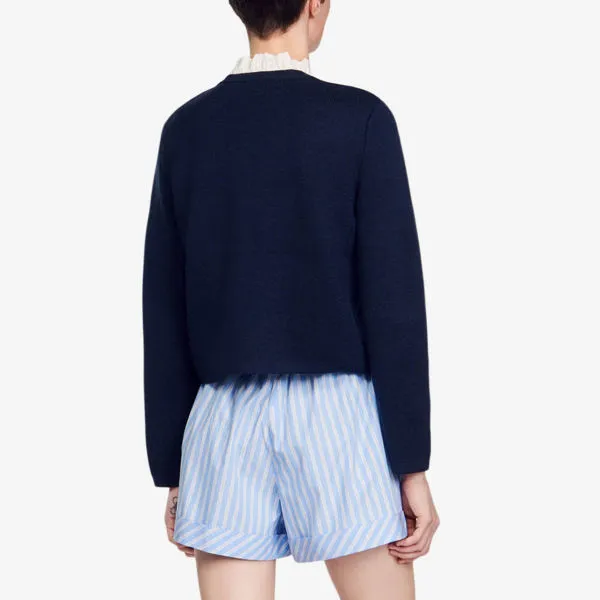 Knit cardigan with frill collar and embroidered Sandro logo, bleus