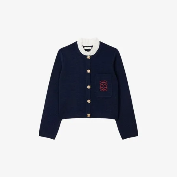 Knit cardigan with frill collar and embroidered Sandro logo, bleus