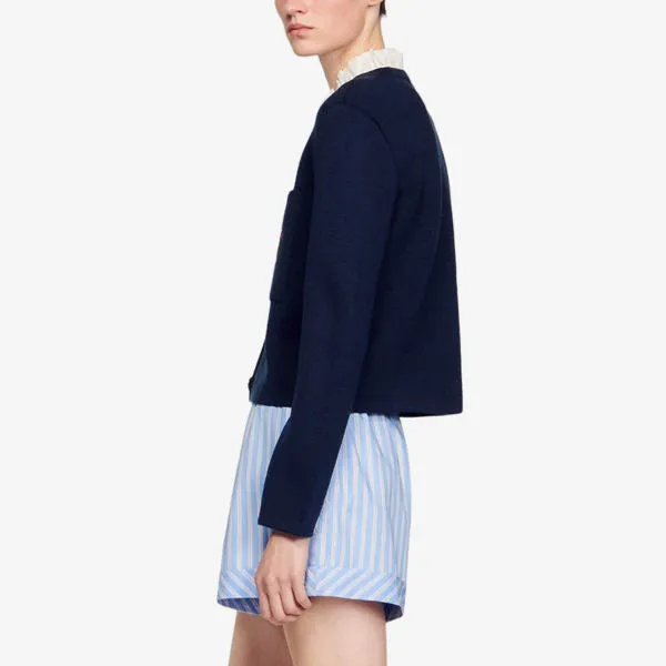 Knit cardigan with frill collar and embroidered Sandro logo, bleus