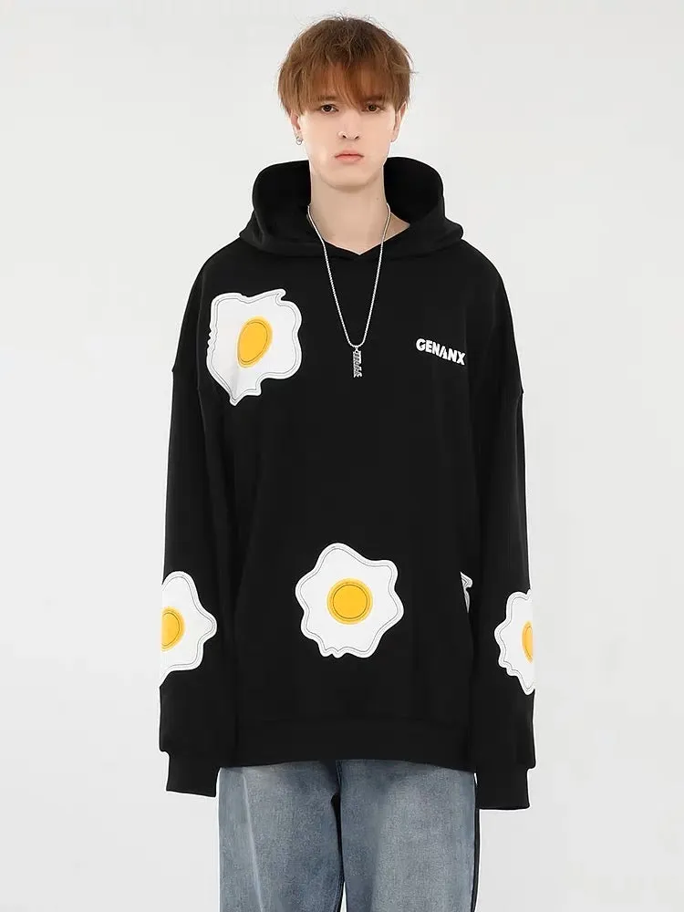 Meal Series Poached Egg Embroidery Print Hooded Cotton  Sweatshirt