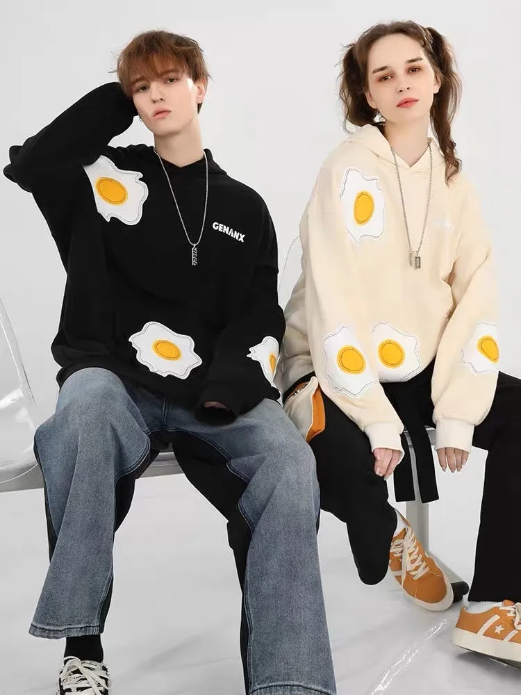 Meal Series Poached Egg Embroidery Print Hooded Cotton  Sweatshirt