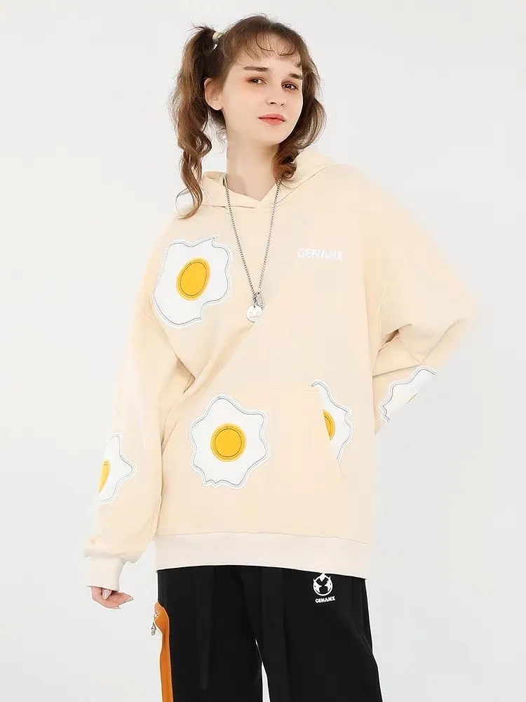 Meal Series Poached Egg Embroidery Print Hooded Cotton  Sweatshirt