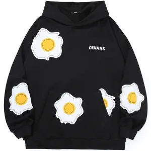 Meal Series Poached Egg Embroidery Print Hooded Cotton  Sweatshirt