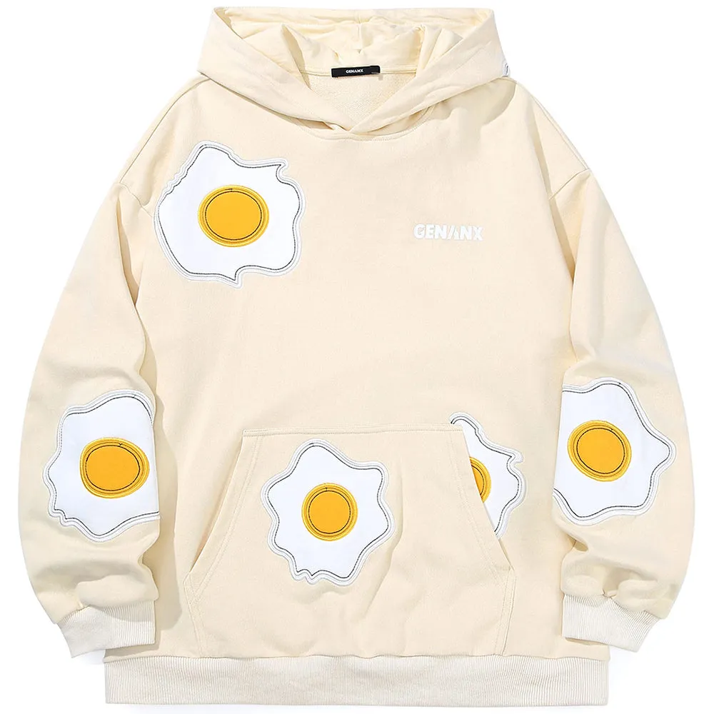 Meal Series Poached Egg Embroidery Print Hooded Cotton  Sweatshirt