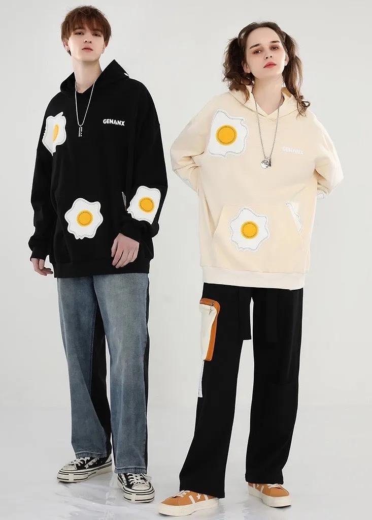 Meal Series Poached Egg Embroidery Print Hooded Cotton  Sweatshirt