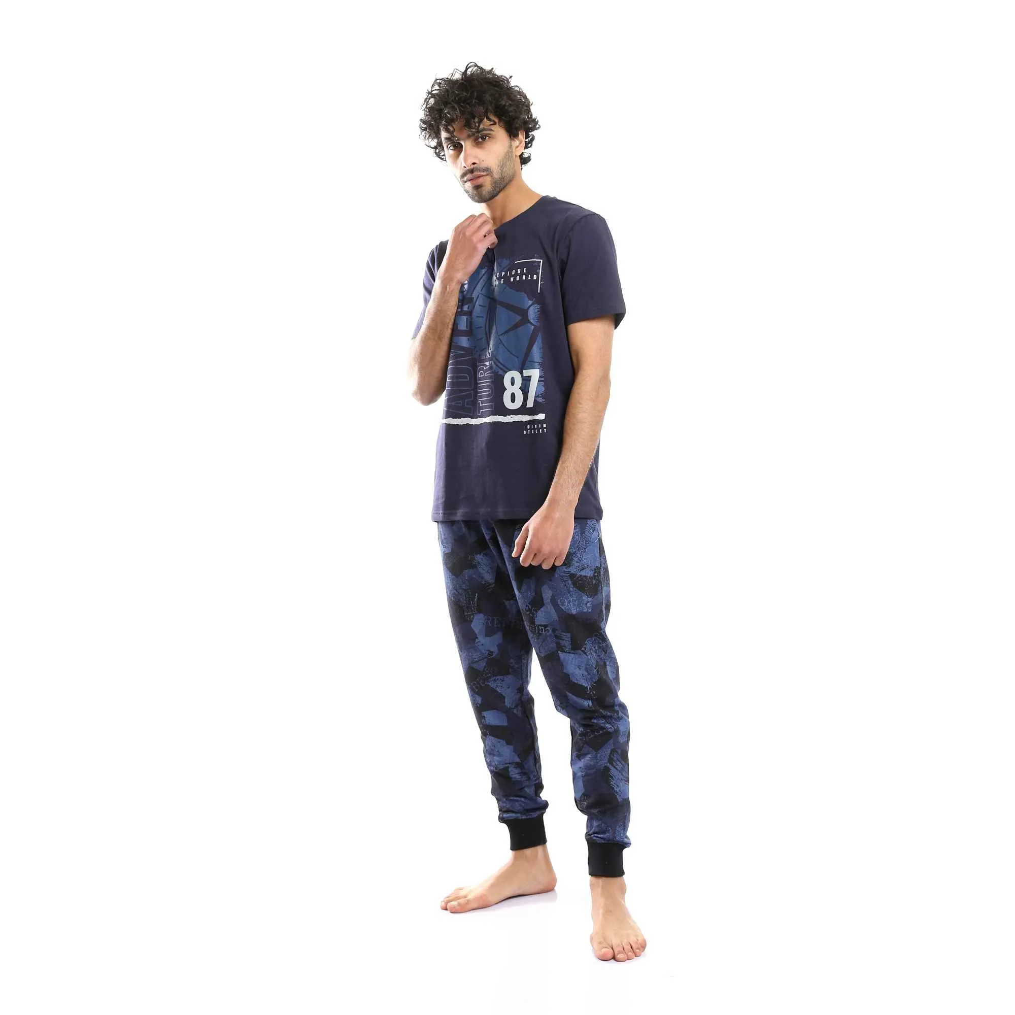 Men's Navy Blue "Adventure" Printed Tee & Patterned Pants Pajama Set