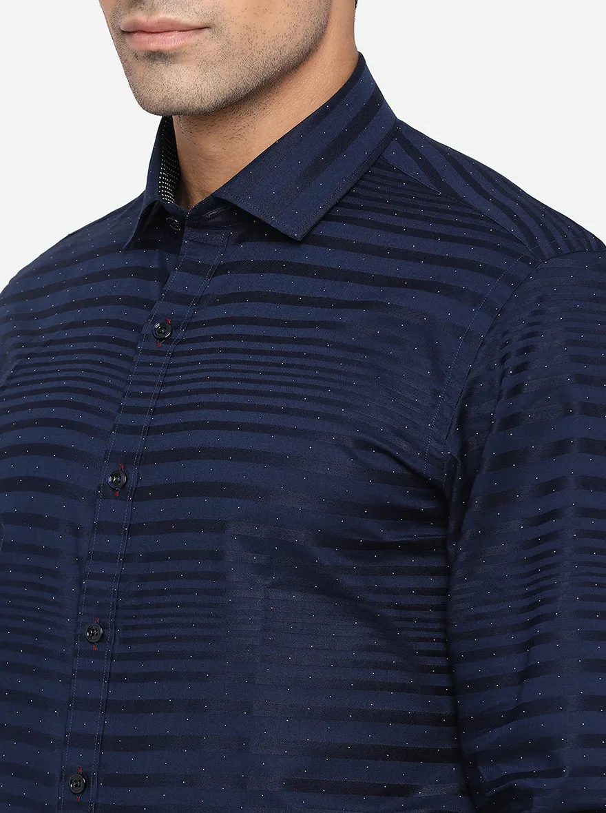 Navy Blue Striped Slim Fit Party Wear Shirt | JB Studio