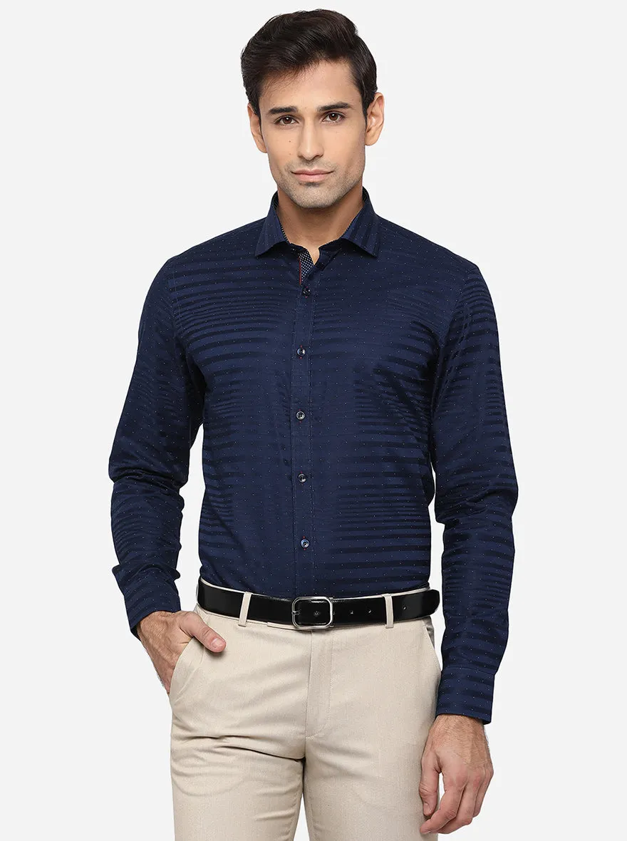 Navy Blue Striped Slim Fit Party Wear Shirt | JB Studio