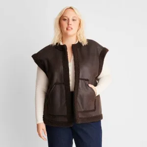 New - Future Collective Women's Plus Open Front Casual Faux Shearling Vest