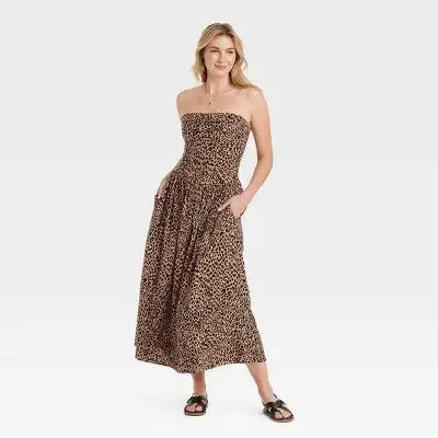 New - Women's Ruched Maxi A-Line Dress - Universal Thread Black/Brown Leopard L