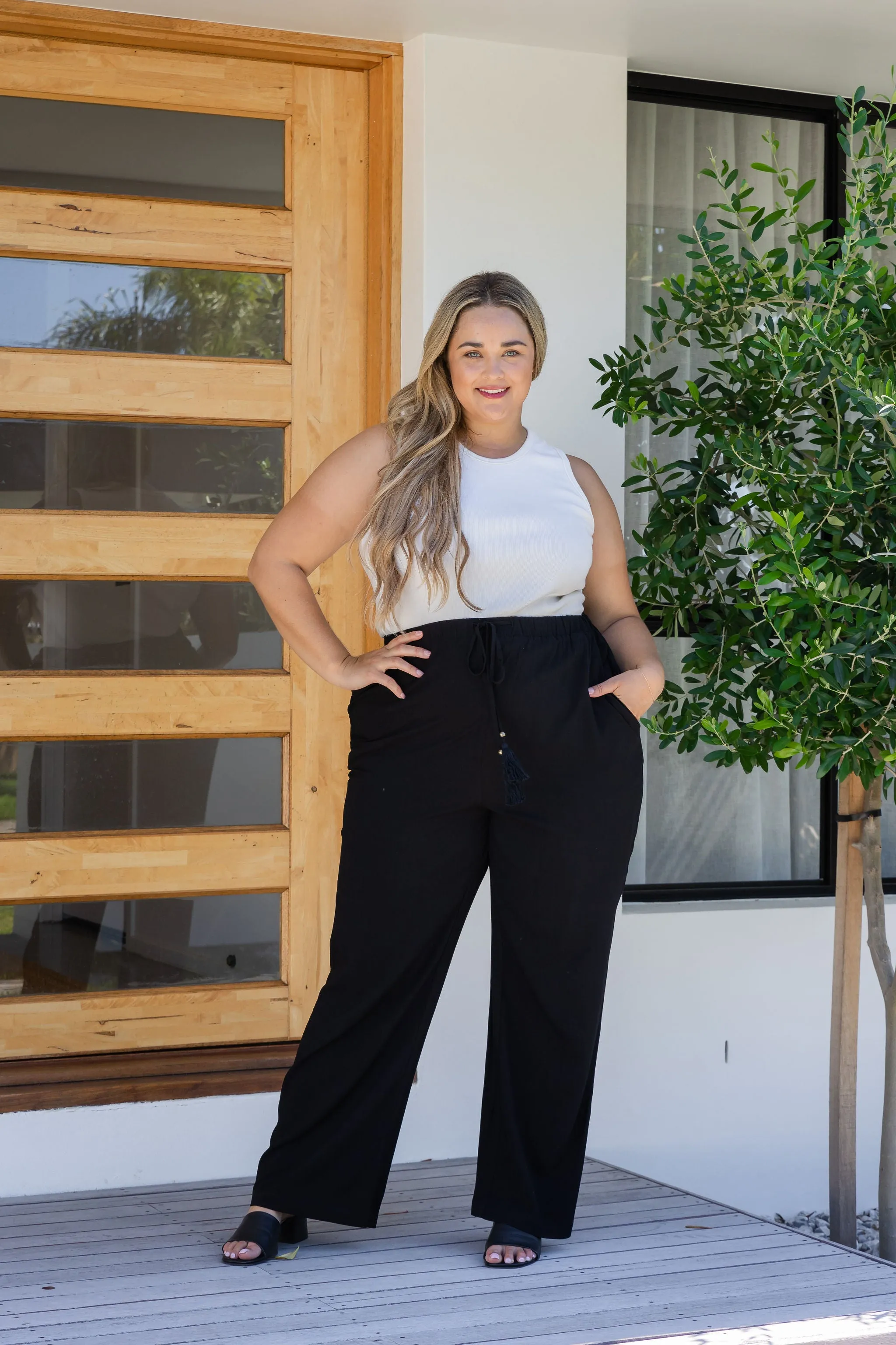 Nora Tassel Tie Pants in Black