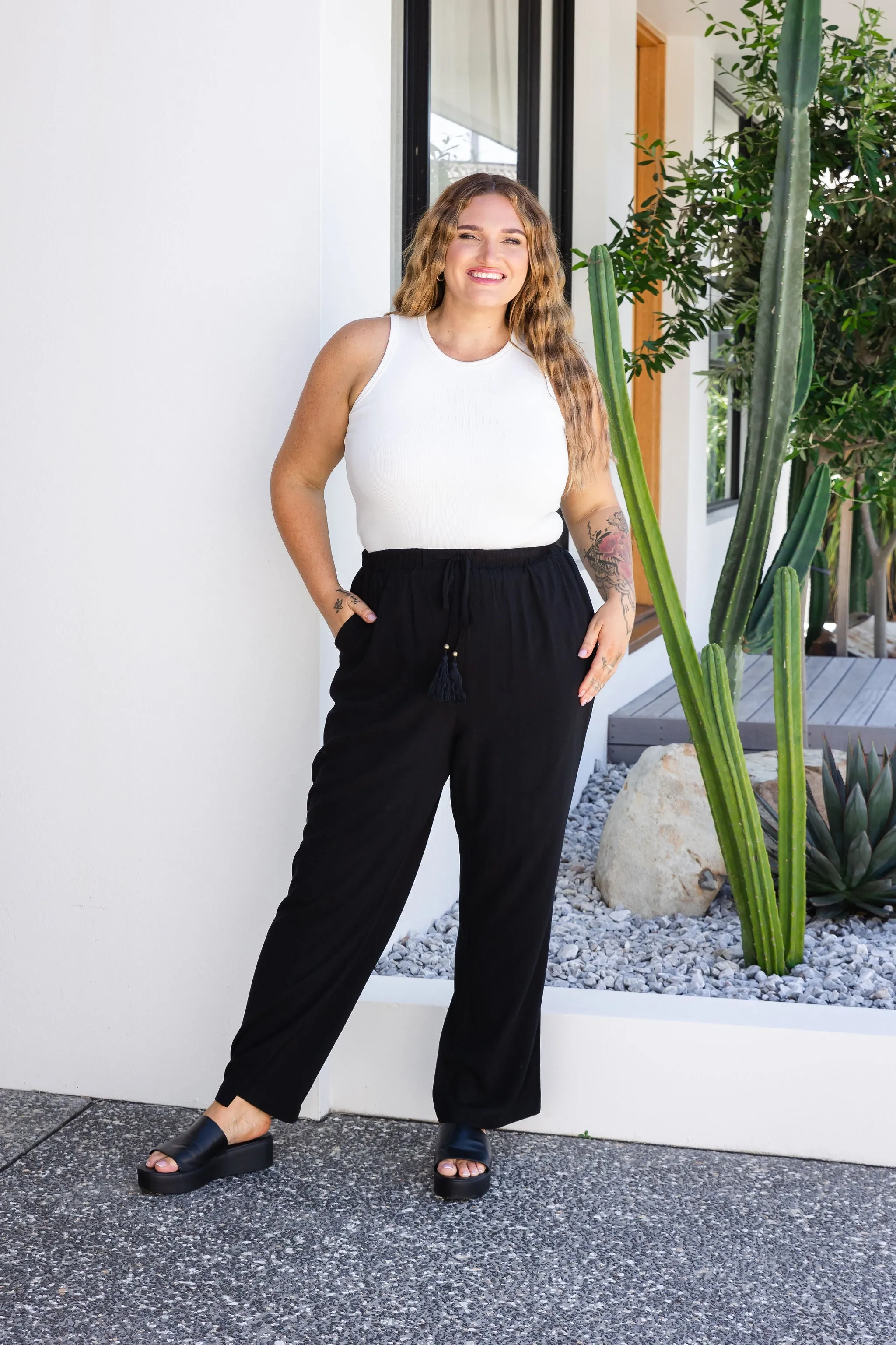 Nora Tassel Tie Pants in Black