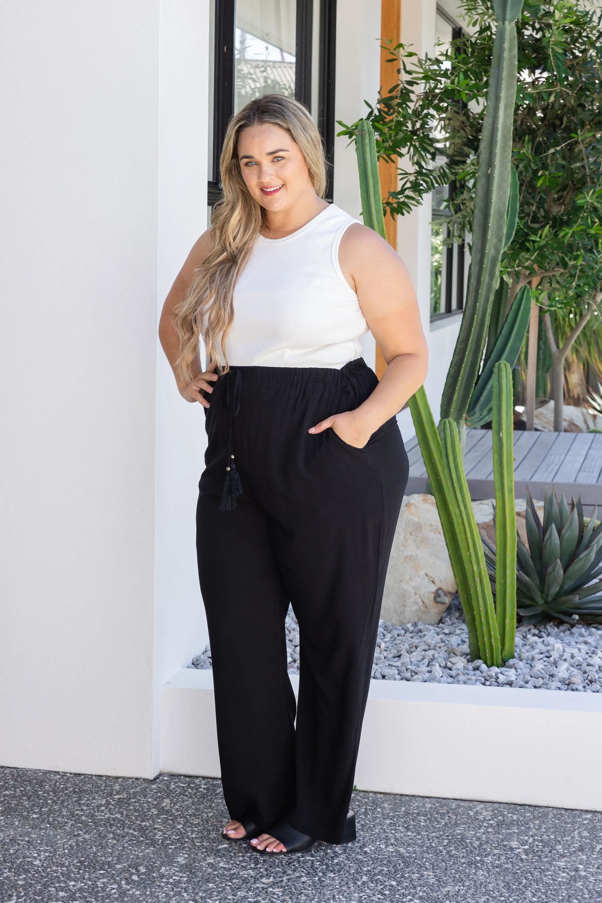 Nora Tassel Tie Pants in Black