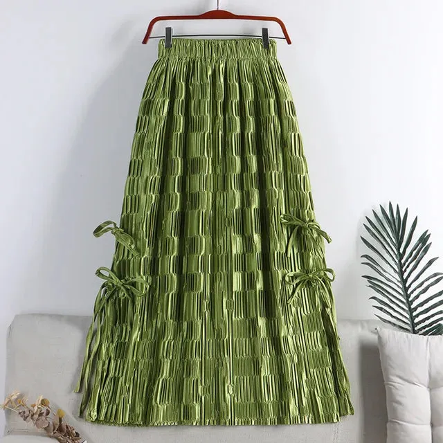 Pre Order:  Vintage Tie Split Pleated A-Line Midi Skirt