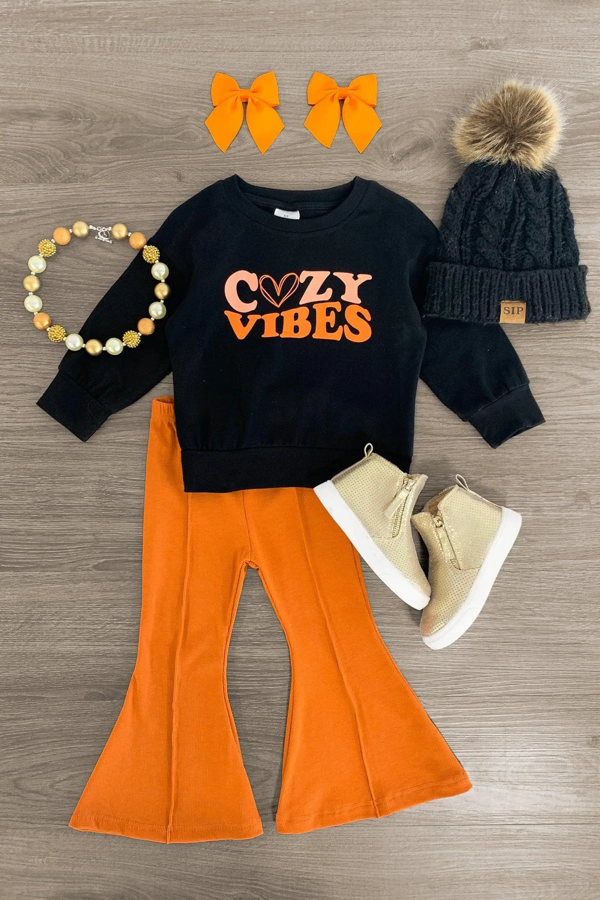 "Cozy Vibes" Orange Bell Bottom Set