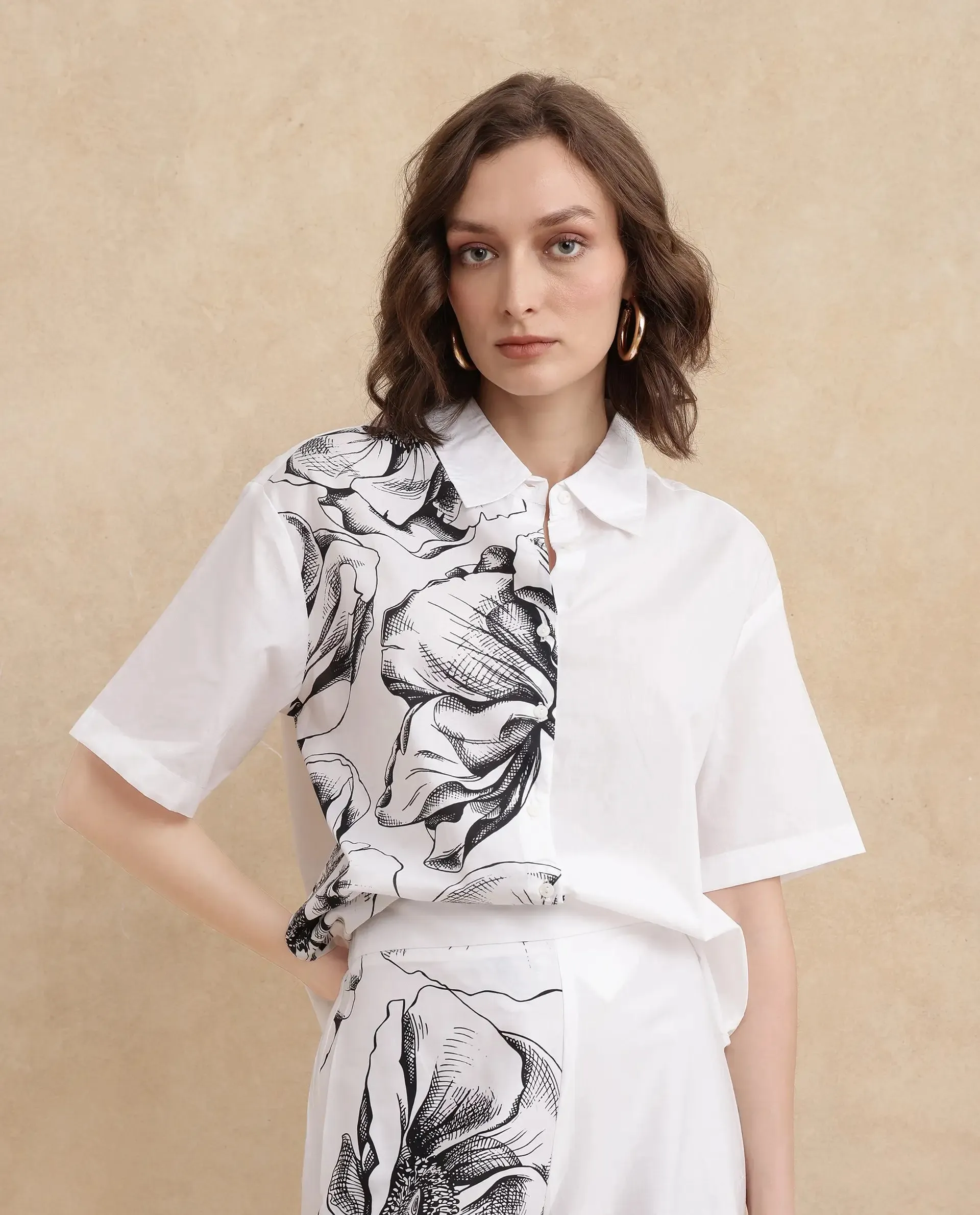 Rareism Women Byvul White Regular Sleeve Collared Neck Boxy Fit Floral Print Shirt