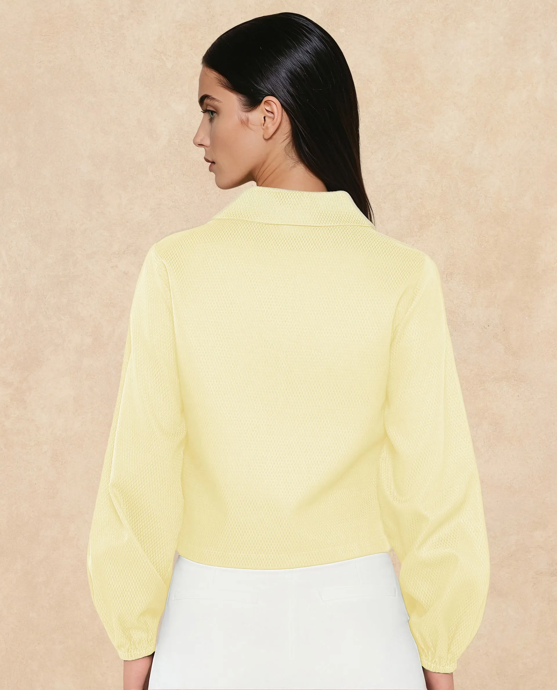 Rareism Women Istanbul Light Yellow Bishop Sleeve Lapel Collar Cropped Plain Top