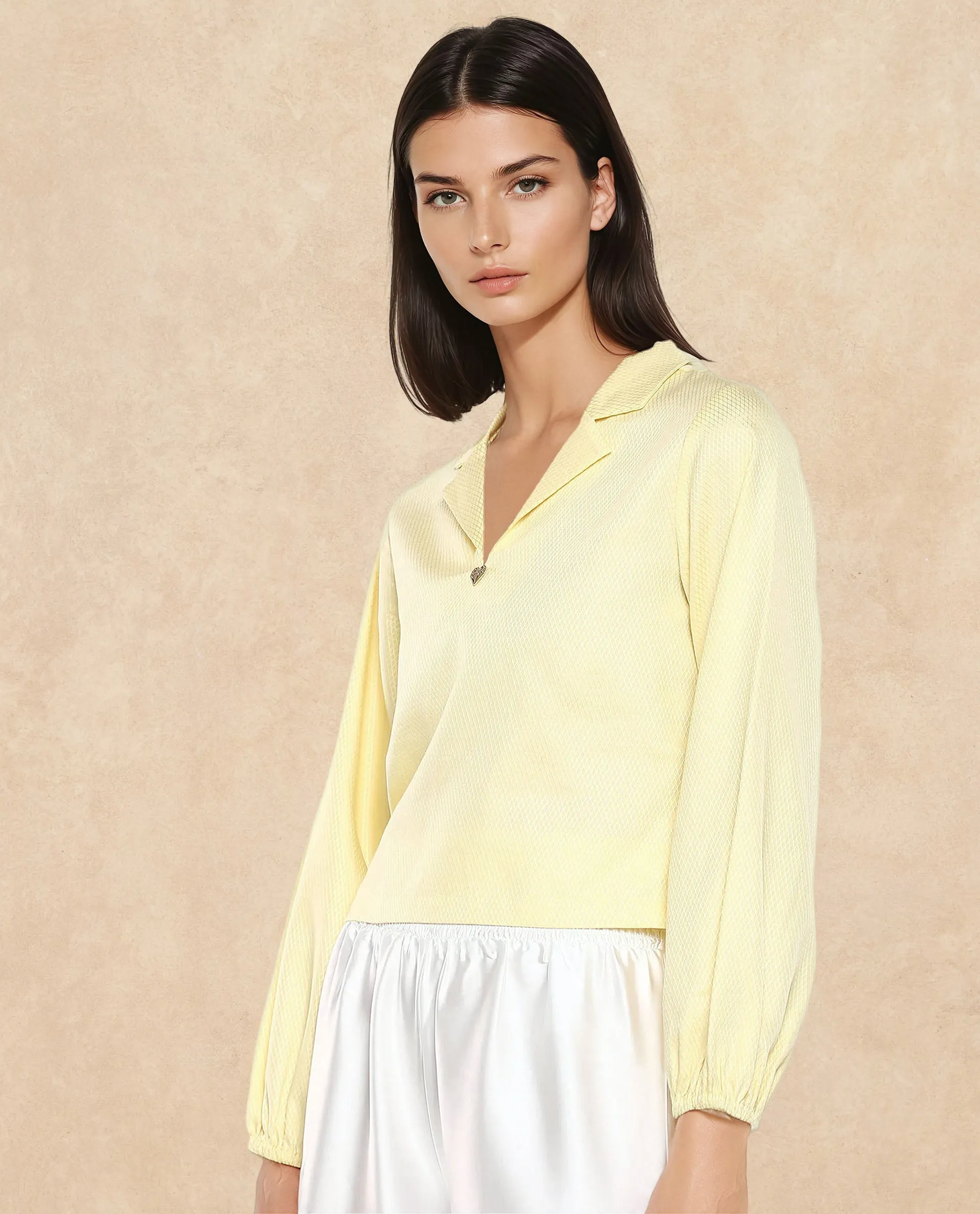 Rareism Women Istanbul Light Yellow Bishop Sleeve Lapel Collar Cropped Plain Top